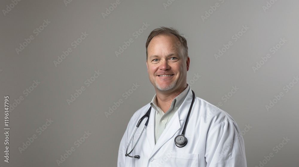 Portrait of a smiling senior doctor wearing a white coat and stethoscope against a neutral background Portrait of a smiling senior doctor wearing a white coat and stethoscope against a neutral background