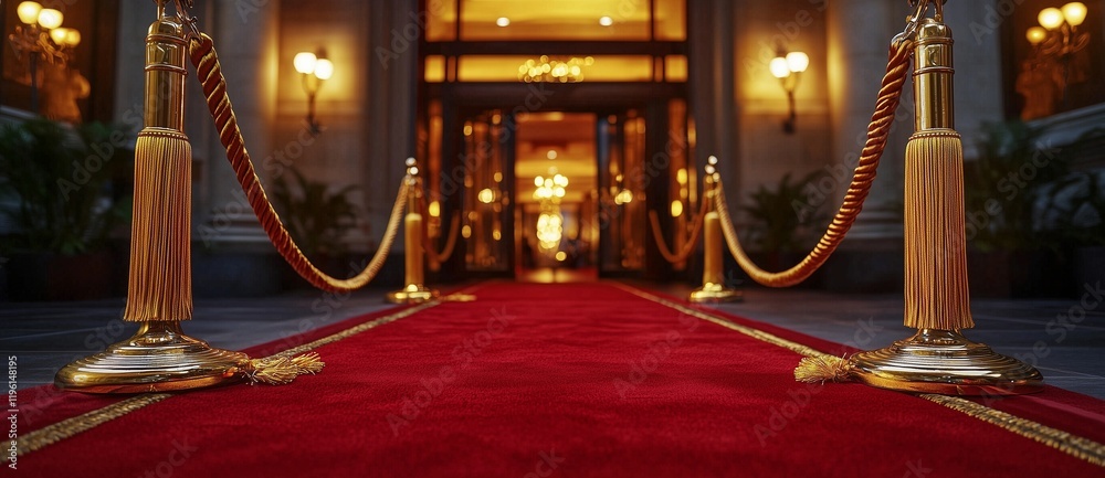 Entrance hall with red carpet and golden ropes.