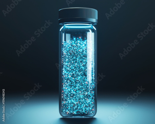 Close up of transparent bottle filled with glowing synthetic cells, showcasing vibrant blue particles that create mesmerizing effect