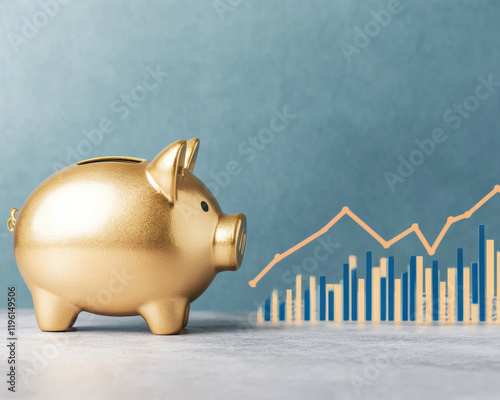 golden piggy bank symbolizes savings and investment growth, with rising graph in background