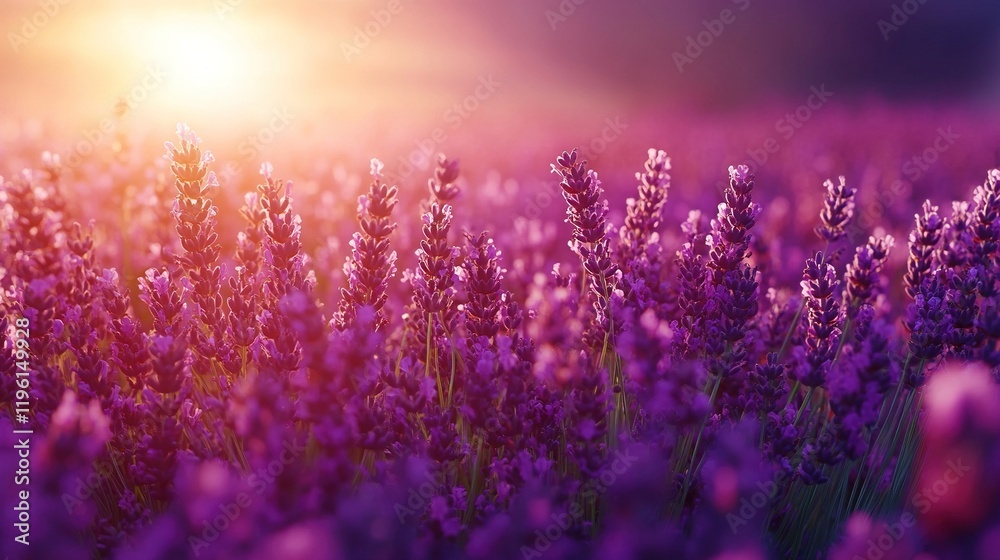 Naklejka premium A serene lavender field at sunset, showcasing vibrant purple flowers and a warm, glowing sky.
