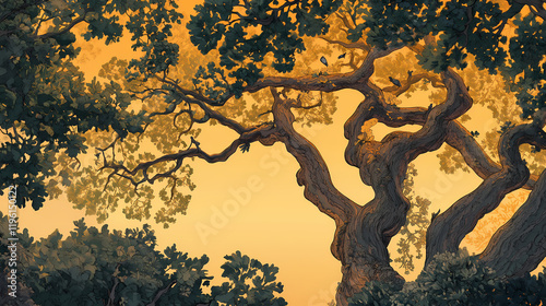 Golden hour light illuminates ancient trees, birdsong fills air, ambiance, mood, beautiful. Shadowsong. Illustration