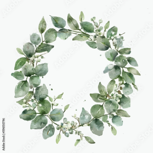 Watercolor vector wreath with green eucalyptus leaves and branches. Isolated on a white background.