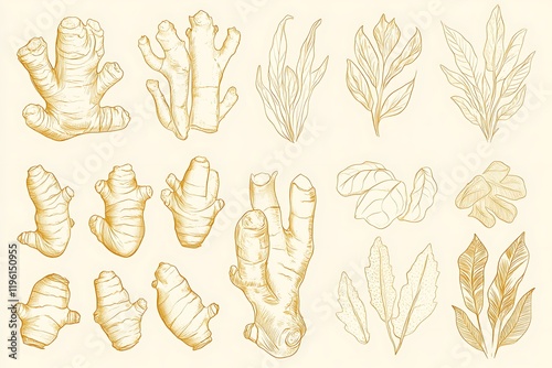 Elegant Gold Ginger and Herbs Botanical Illustration