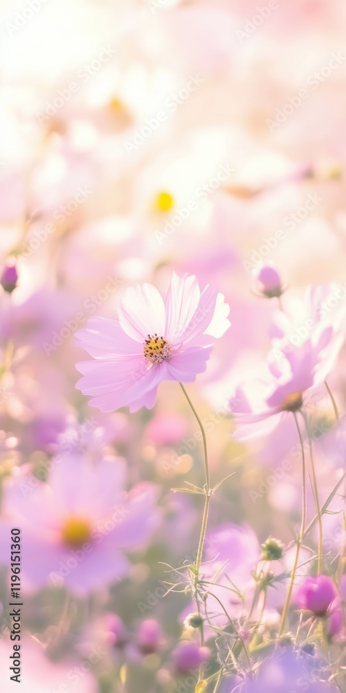 Soft Focus Dreamy Pink Cosmos Flowers Blossom in Gentle Sunlight Soft Focus Dreamy Pink Cosmos Flowers Blossom in Gentle Sunlight