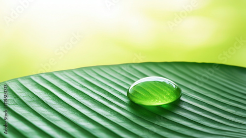 macro shot of green droplet resting on vibrant green leaf, showcasing nature beauty and tranquility
