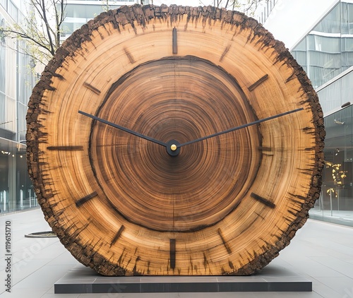 artistic wooden clock sculpture crafted from giant tree trunk displaying growth rings and time in a contemporary urban setting, signifying time going by non-stop