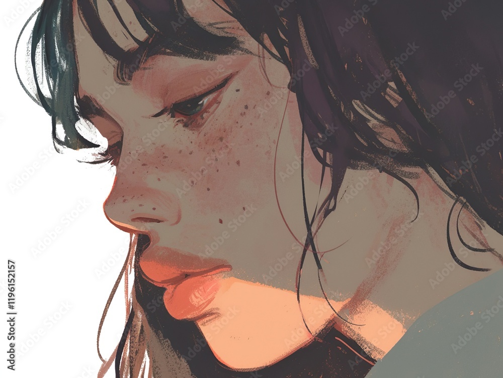 Naklejka premium The digital painting offers a close view of a woman's face, the soft lighting highlighting the smooth texture of her skin and the subtle gloss of her lips. 