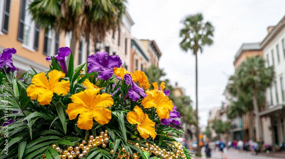 Fototapeta premium Colorful Flowers and Beads on Mardi Gras Float in Vibrant Festive Parade Atmosphere