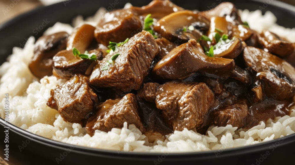Close-up of rice with hearty beef and mushroom stew. Featuring beef and mushrooms in a rich broth, served over rice. Emphasizing a savory, comforting dish. Ideal for beef stew recipes. Close-up of rice with hearty beef and mushroom stew. Featuring beef and mushrooms in a rich broth, served over rice. Emphasizing a savory, comforting dish. Ideal for beef stew recipes.