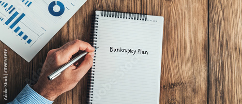 Person writing Bankruptcy Plan on notepad, surrounded by financial charts, conveying serious and focused atmosphere