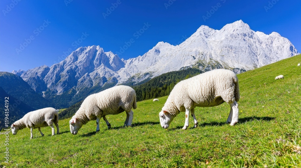 Fototapeta premium Three sheep grazing on lush grass with mountains in the background.