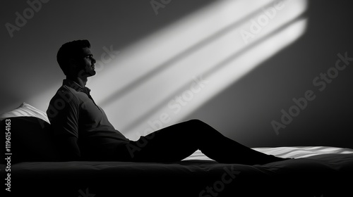 Desperate man in silhouette sitting on the bed alone. masculinity and emasculation concept.