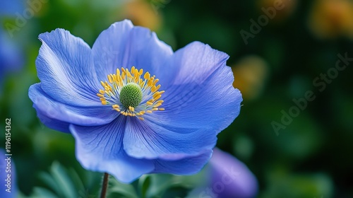 Bright Blue Flower in Bloom with Detailed Petals and Green Center