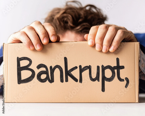 Distressed worker hiding behind cardboard box labeled Bankrupt expressing financial struggle and stress
