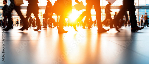 Busy urban scene with people walking in modern lobby during sunset, creating vibrant atmosphere