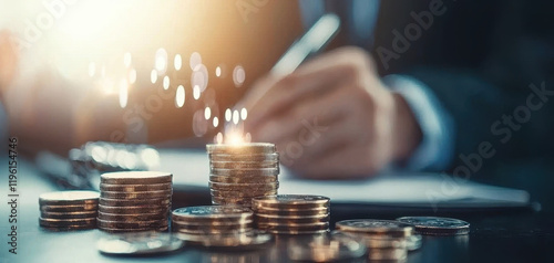 Coins stacked on table with person writing ideas, symbolizing finance and investment
