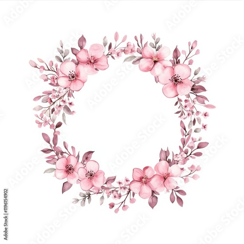 Pink color tone flowers circle frame art illustration watercolor.