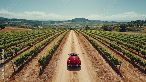 A vintage car on a dirt road surrounded by lush vineyards under a clear sky.