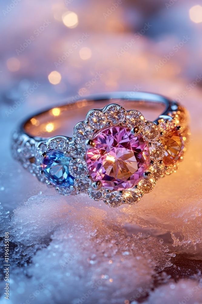 Fototapeta premium Colorful gemstone ring on snowy background.