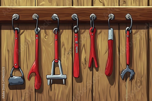 Vintage Tools Hanging on Wooden Wall
