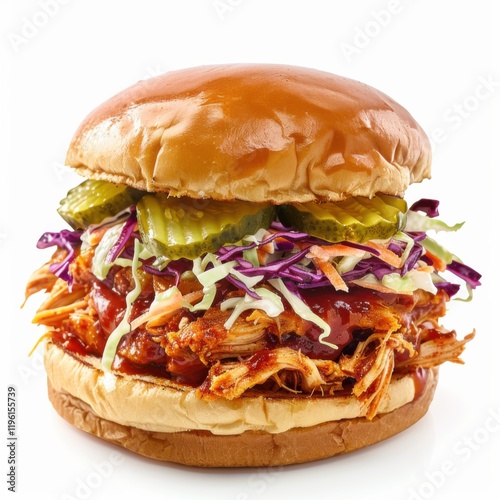 A hearty BBQ pulled chicken sandwich with coleslaw and pickles, isolated white background, hyperrealism art style