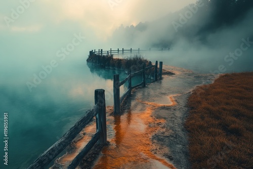 Fototapeta Naklejka Na Ścianę i Meble -  Misty lake morning, wooden fence path, orange water.