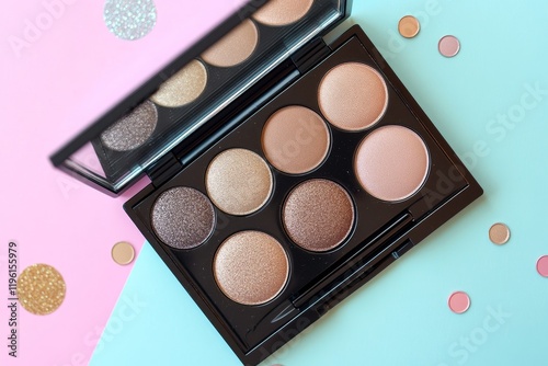 Open eyeshadow palette with six neutral shades on pastel background. photo