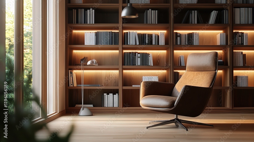 Modern Office Corner with Comfortable Chair and Bookshelf Modern Office Corner with Comfortable Chair and Bookshelf