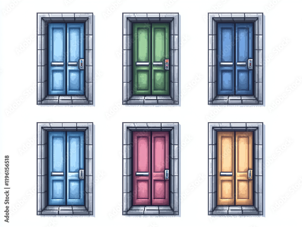 Obraz premium Pixel Art Doors Collection - Colorful Building Design