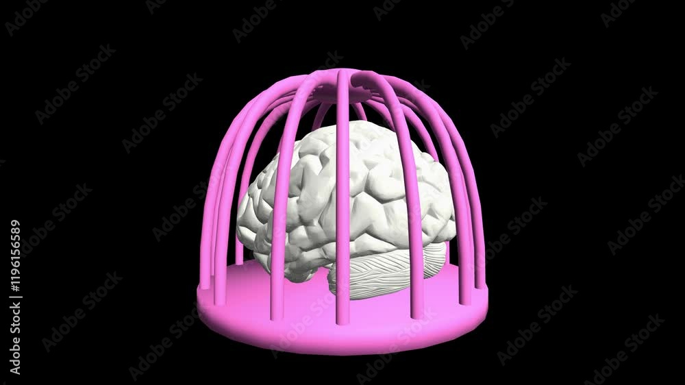 brain in the cage , seamless loop  rotating animation,
 3d illustration of  mental prison  