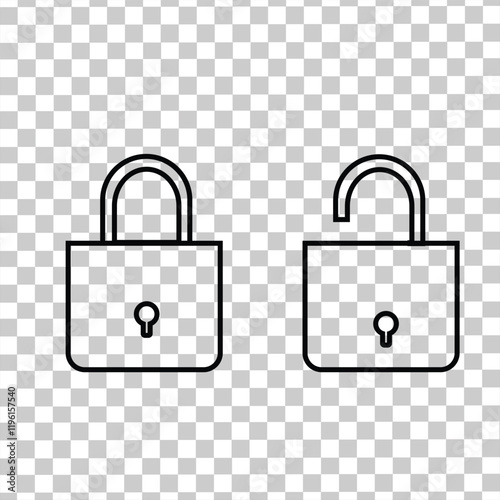 Outline image of padlock. The padlock opens and closes. Locked and unlocked icons. Padlock vector illustration.