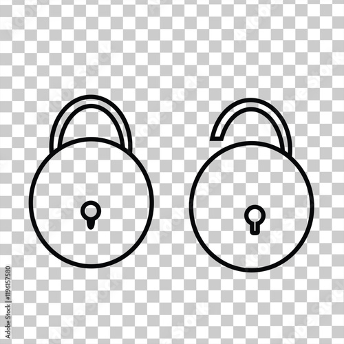 Outline image of padlock. The padlock opens and closes. Locked and unlocked icons. Padlock vector illustration.