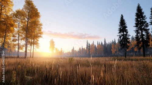 Wallpaper Mural Serene autumn landscape with golden trees and a rising sun. Torontodigital.ca