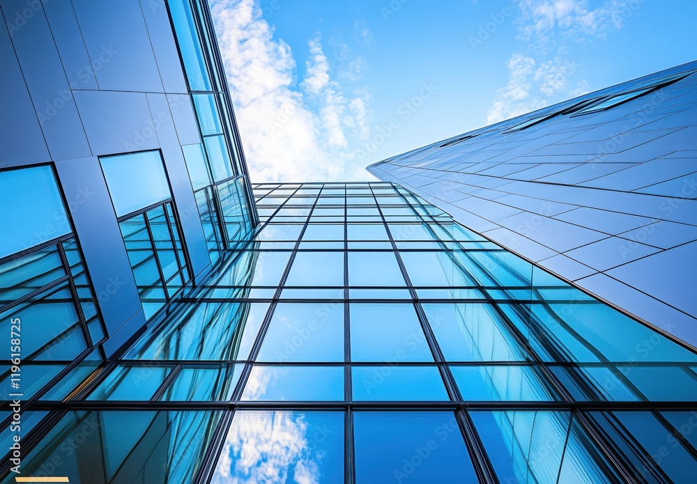 Obraz premium Stunning Modern Glass Building Reaching Towards the Blue Sky Beneath Fluffy Clouds