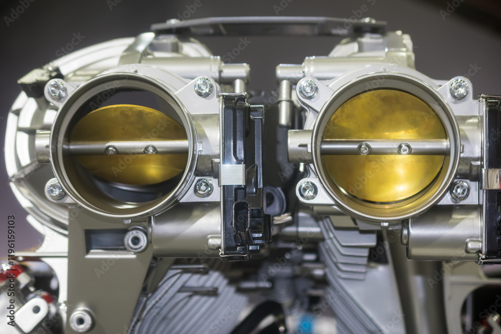 Shiny new automotive engine V4 Rear Throttle Body with cut section showing inside details. Shiny new automotive engine V4 Rear Throttle Body with cut section showing inside details.