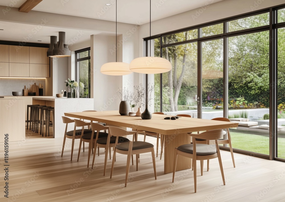 Fototapeta premium Modern Dining Room with Natural Light and Minimalist Decor, Inviting Family Gatherings 
