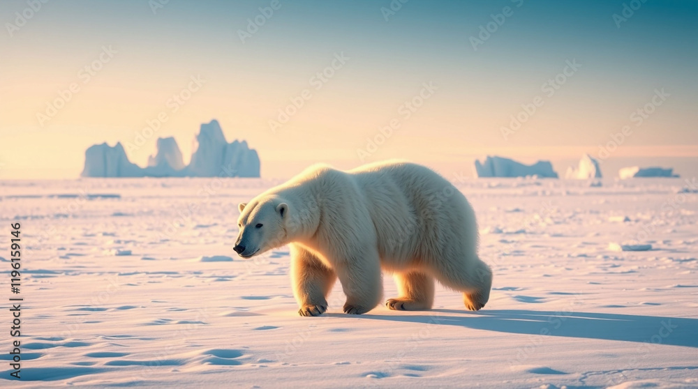 A large, fluffy polar bear walking across a vast, snow-covered Arctic landscape, with towering icebergs in the distance and the pale blue sky blending seamlessly into the horizon. A large, fluffy polar bear walking across a vast, snow-covered Arctic landscape, with towering icebergs in the distance and the pale blue sky blending seamlessly into the horizon.
