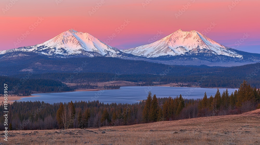 Snow-Capped Mountains at Dusk with Fir Forests and Calm Lake Reflections