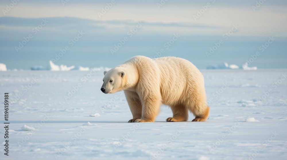 A large, fluffy polar bear walking across a vast, snow-covered Arctic landscape, with towering icebergs in the distance and the pale blue sky blending seamlessly into the horizon. A large, fluffy polar bear walking across a vast, snow-covered Arctic landscape, with towering icebergs in the distance and the pale blue sky blending seamlessly into the horizon.