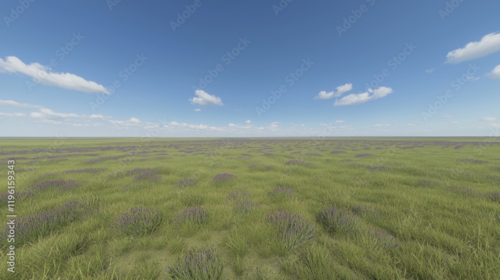 Obraz premium A serene landscape featuring fields of lavender under a blue sky.