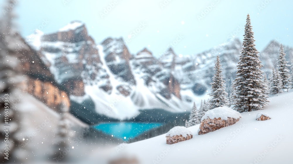 Snow Dusted Mountains Surrounded by Tall Fir Forests in a Tranquil Winter Scene Snow Dusted Mountains Surrounded by Tall Fir Forests in a Tranquil Winter Scene