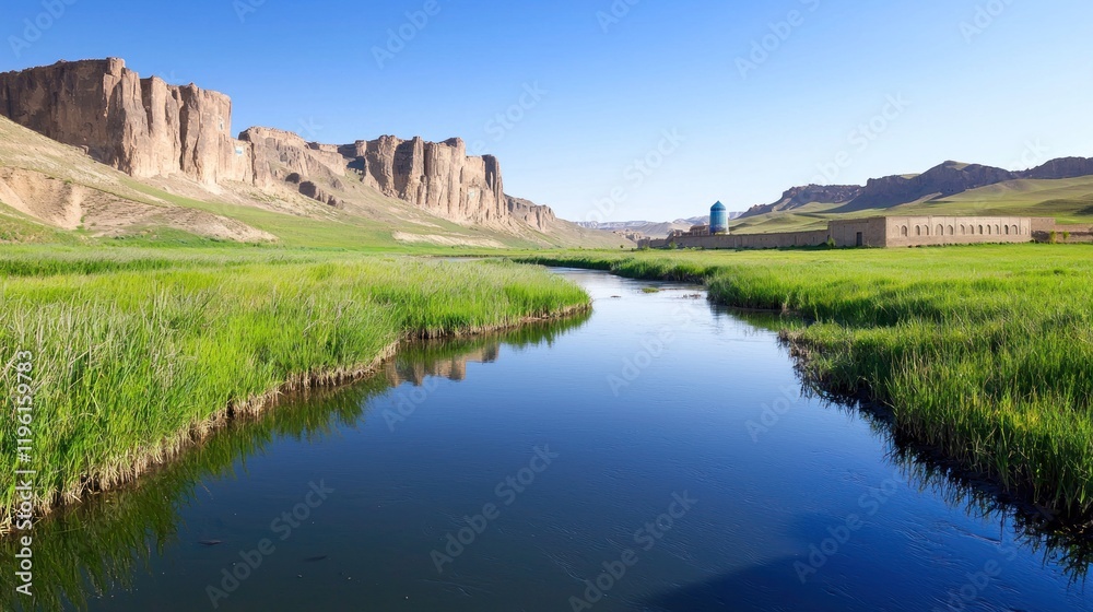 Serene River Valley with Ancient Ruins Serene River Valley with Ancient Ruins