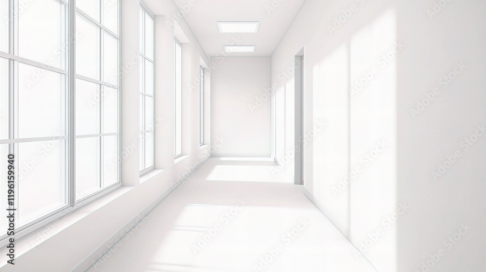 Fototapeta premium Bright Contemporary Office Corridor with Large Windows and Minimalist Design