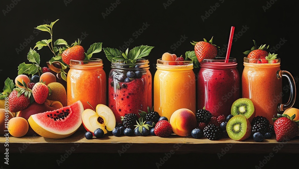 Refreshing Fruit Smoothies: Blend of Berries, Peach, Apple, and Watermelon in Jars Refreshing Fruit Smoothies: Blend of Berries, Peach, Apple, and Watermelon in Jars