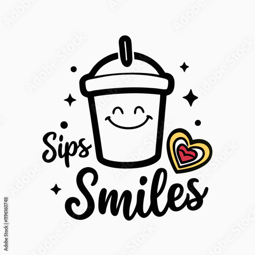 Sticker design of A coffee cup with a lipstick stain and cheerful sparkles around it