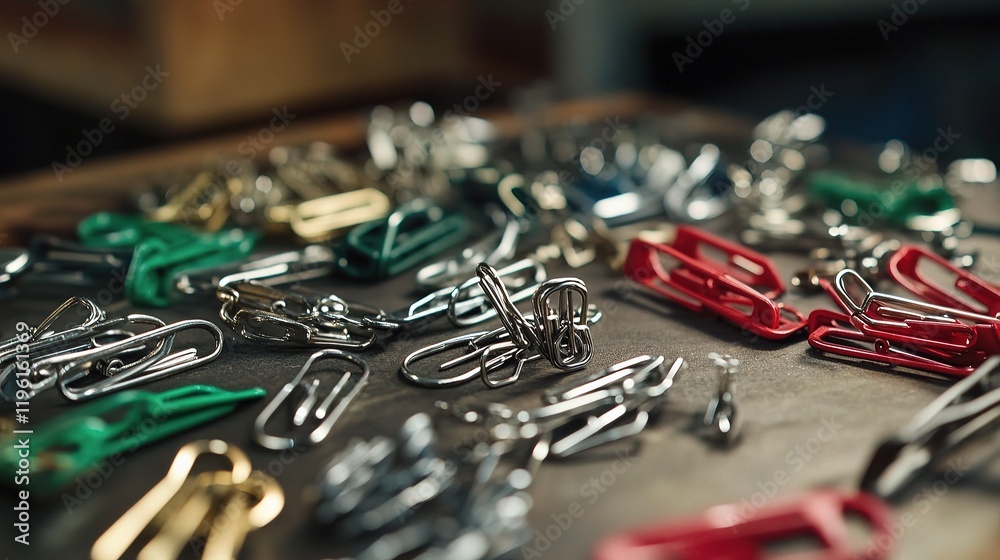Close-Up View of Various Office Paper Clips on Dark Surface Close-Up View of Various Office Paper Clips on Dark Surface