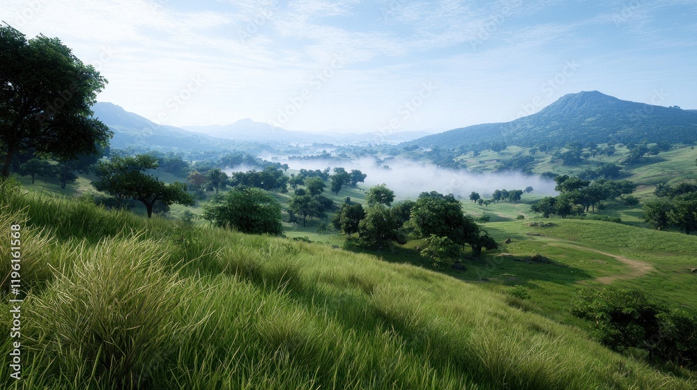 Serene landscape with rolling hills and misty valleys. Serene landscape with rolling hills and misty valleys.