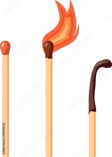 Vector Match Burning Out Design Illustration. Step by step ignition and flame consuming a match process 
