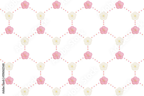 白とピンクの梅の花が点線で繋がって六角形の形になったパターン素材
